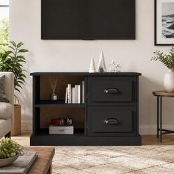 Stylish Black TV Cabinet with 2 Drawers and Open Storage