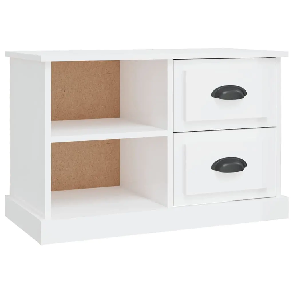 TV Cabinet White High Gloss Engineered Wood Storage Unit 2 Drawers 2 Open Compartments