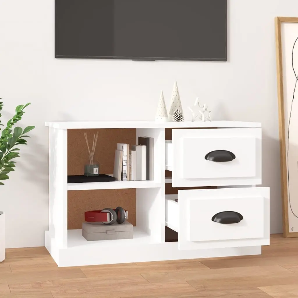 TV Cabinet White High Gloss Engineered Wood Storage Unit 2 Drawers 2 Open Compartments