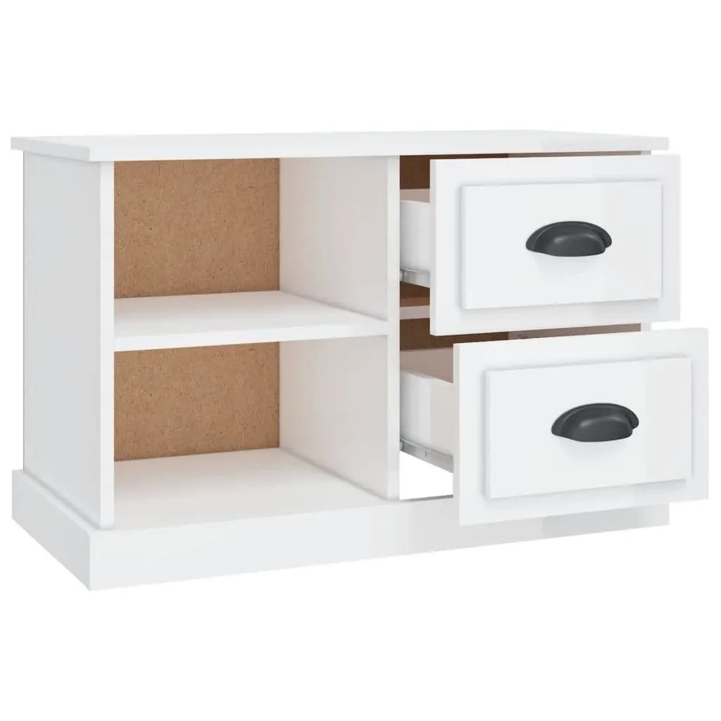 TV Cabinet White High Gloss Engineered Wood Storage Unit 2 Drawers 2 Open Compartments
