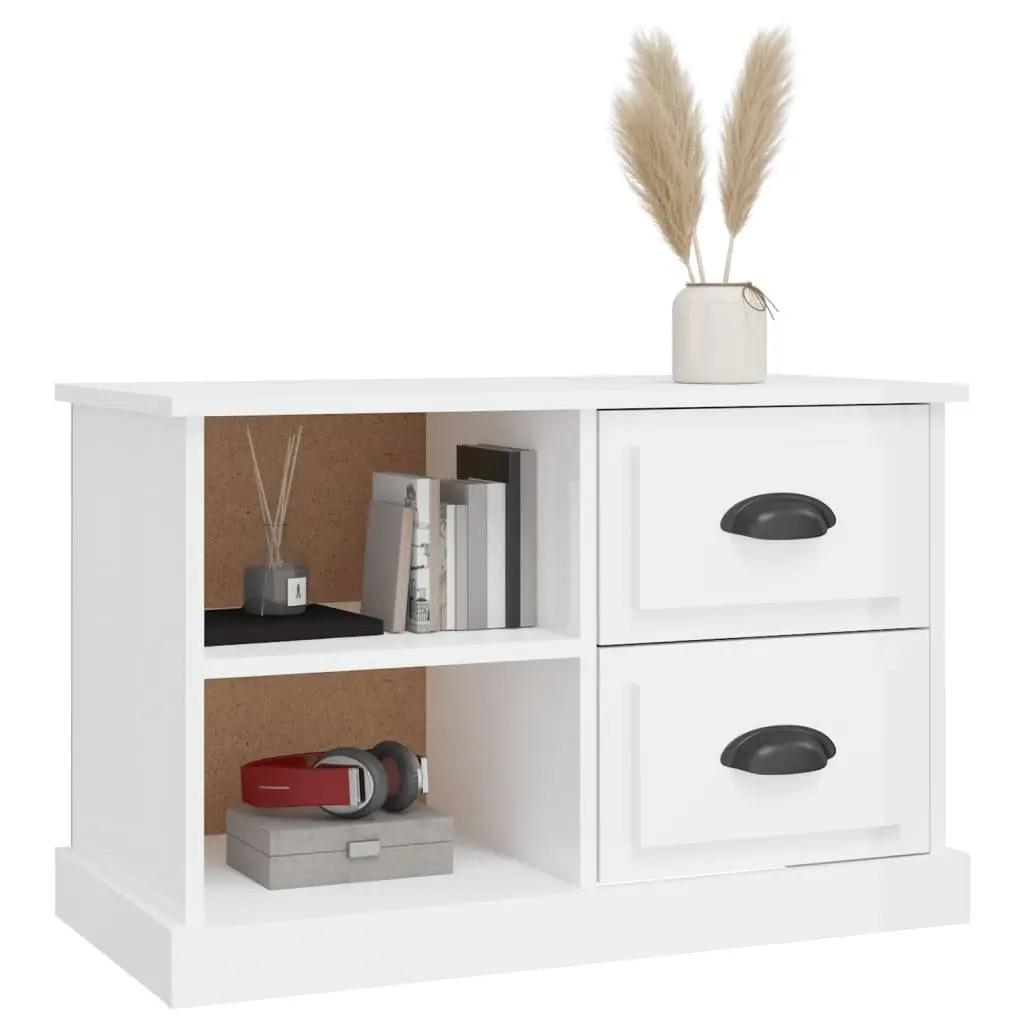 TV Cabinet White High Gloss Engineered Wood Storage Unit 2 Drawers 2 Open Compartments