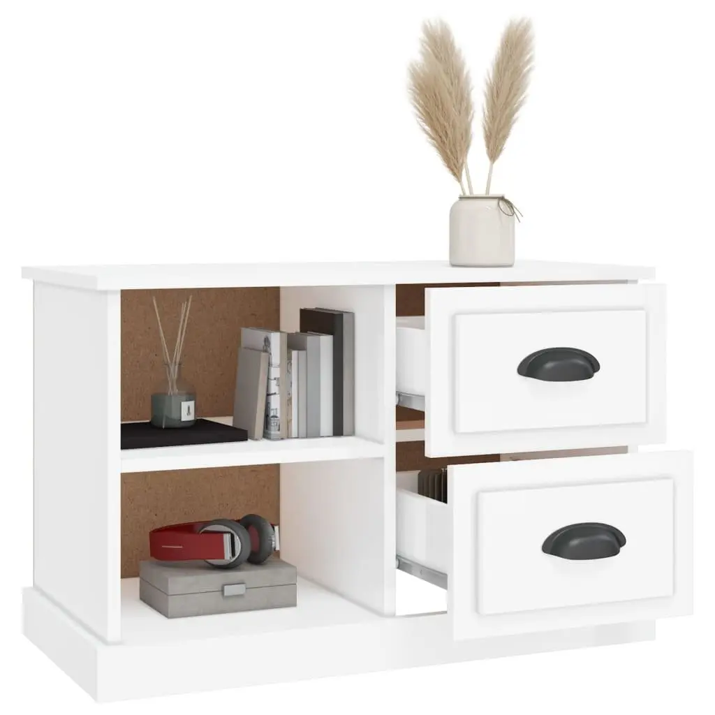 TV Cabinet White High Gloss Engineered Wood Storage Unit 2 Drawers 2 Open Compartments