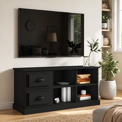 Black TV Cabinet with Drawers and Open Compartments
