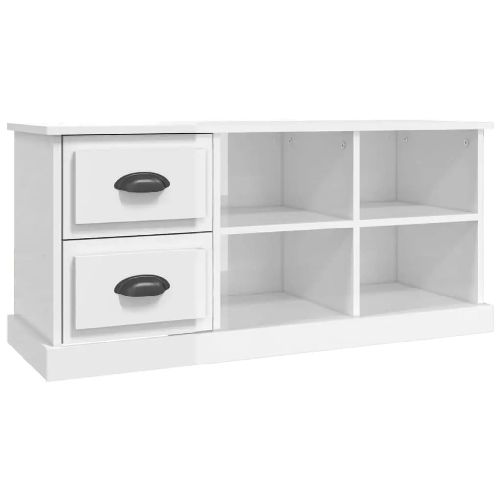 TV Cabinet High Gloss White Engineered Wood 102cm 2 Drawers 4 Compartments
