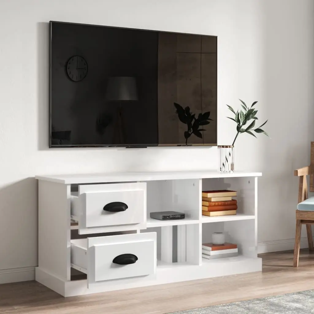 TV Cabinet High Gloss White Engineered Wood 102cm 2 Drawers 4 Compartments