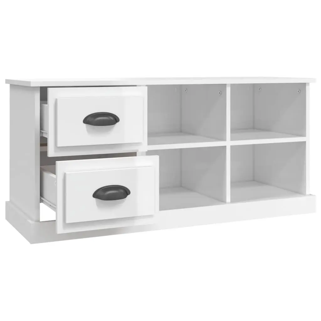 TV Cabinet High Gloss White Engineered Wood 102cm 2 Drawers 4 Compartments