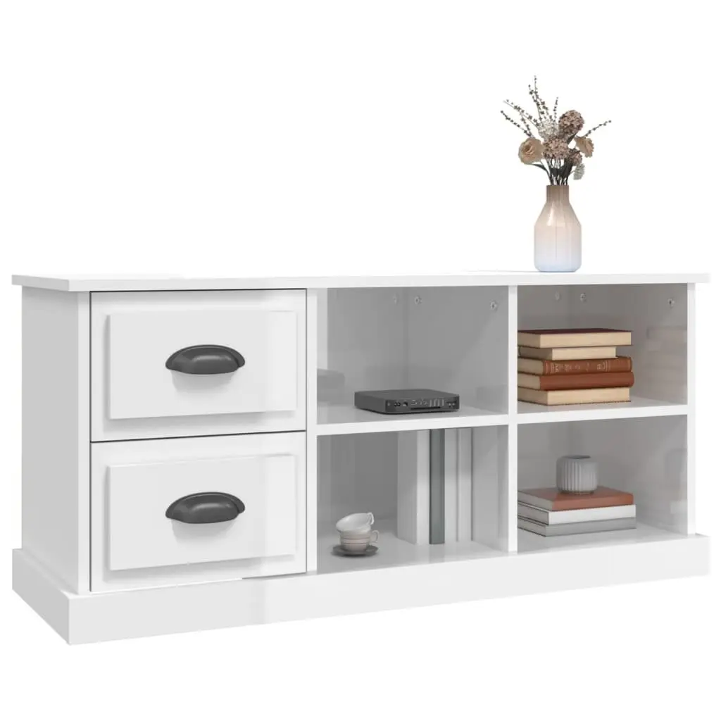 TV Cabinet High Gloss White Engineered Wood 102cm 2 Drawers 4 Compartments