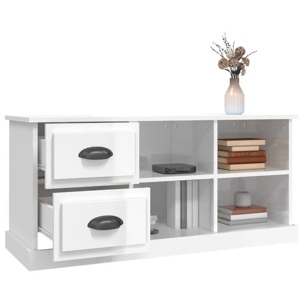 TV Cabinet High Gloss White Engineered Wood 102cm 2 Drawers 4 Compartments