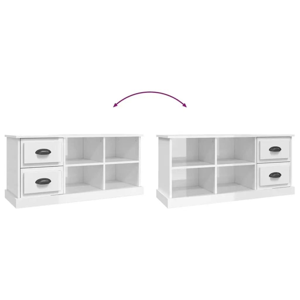 TV Cabinet High Gloss White Engineered Wood 102cm 2 Drawers 4 Compartments