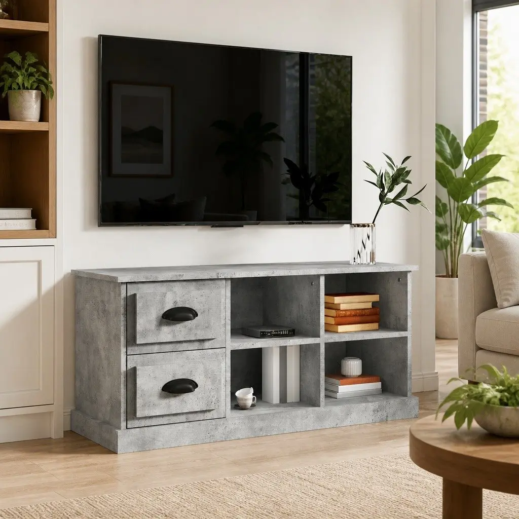 Grey TV Cabinet with 2 Drawers and Open Compartments