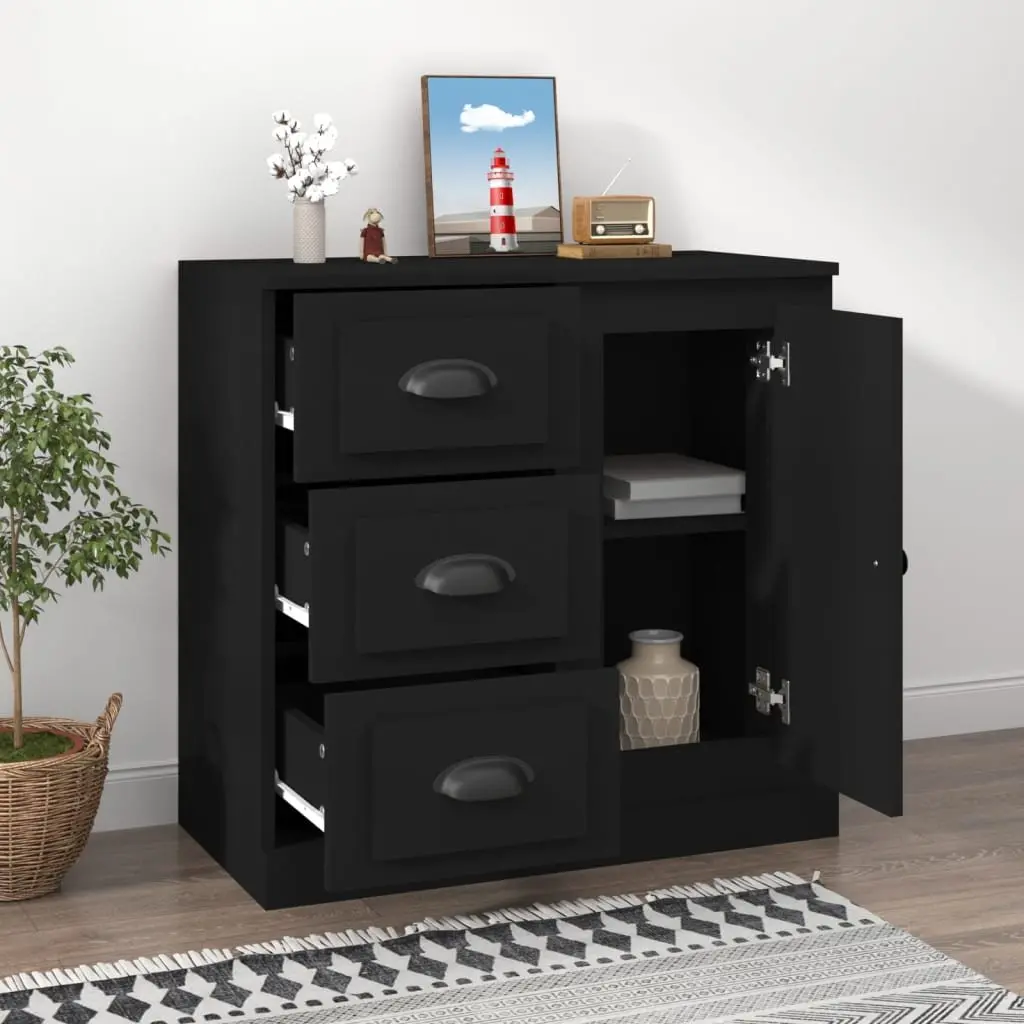 Black Sideboard Storage Cabinet Engineered Wood Buffet Display Furniture