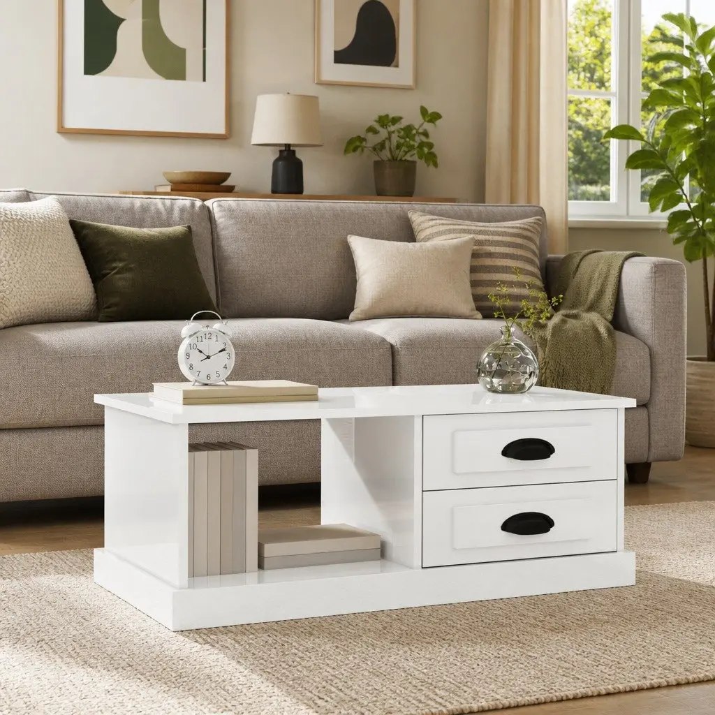 Coffee Table High Gloss White 90cm Engineered Wood with Storage Drawers Compartment