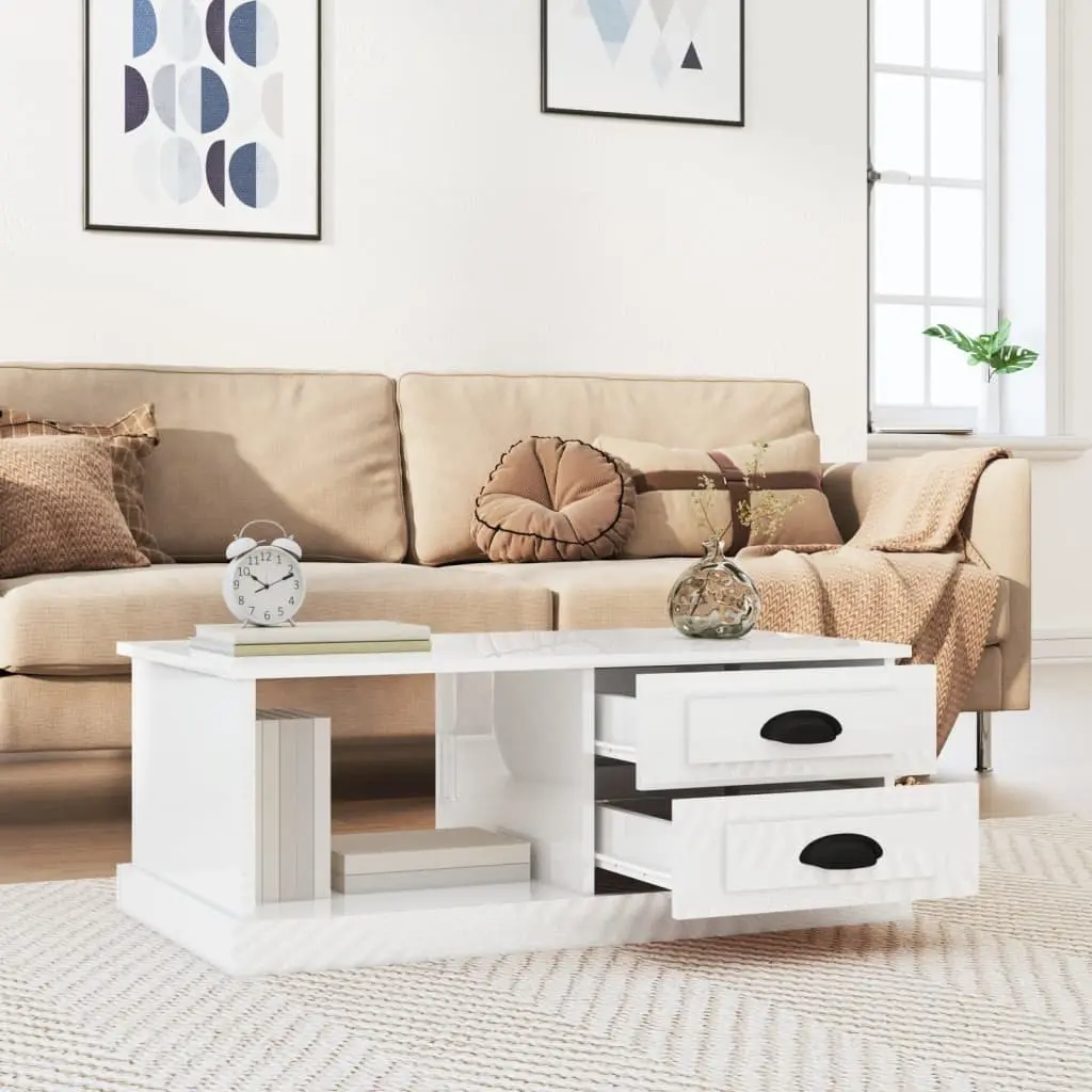 Coffee Table High Gloss White 90cm Engineered Wood with Storage Drawers Compartment