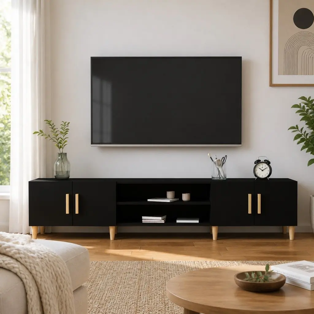 Black 180cm TV Cabinet with 4 Storage Compartments