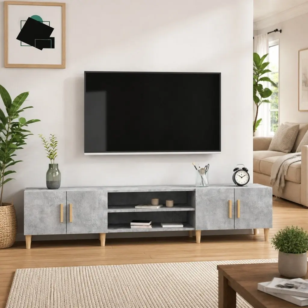 TV Cabinet Grey Engineered Wood Media Console 180 x 31.5 x 40 cm 4 Compartments 4 Doors
