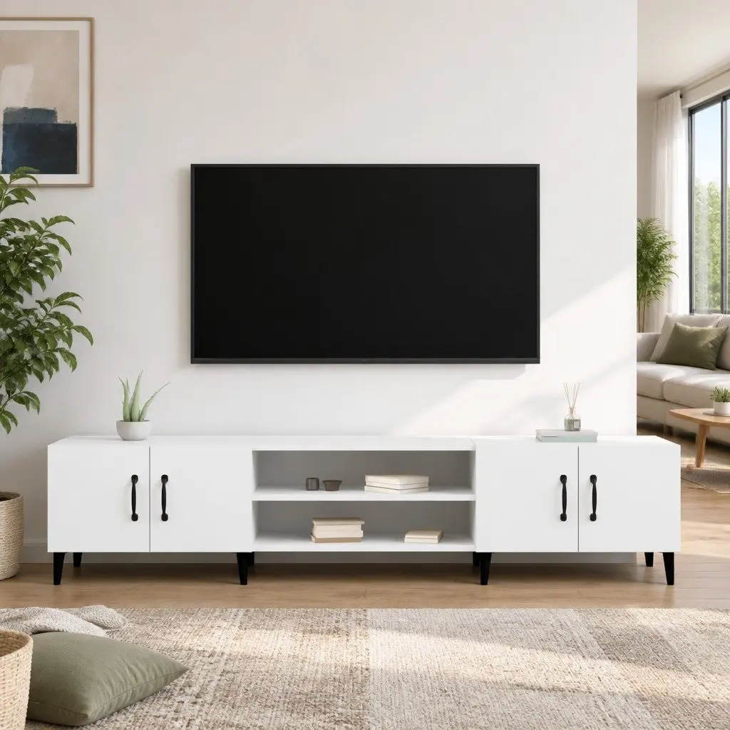 TV Cabinet White Engineered Wood 4 Door 4 Compartment Storage Unit