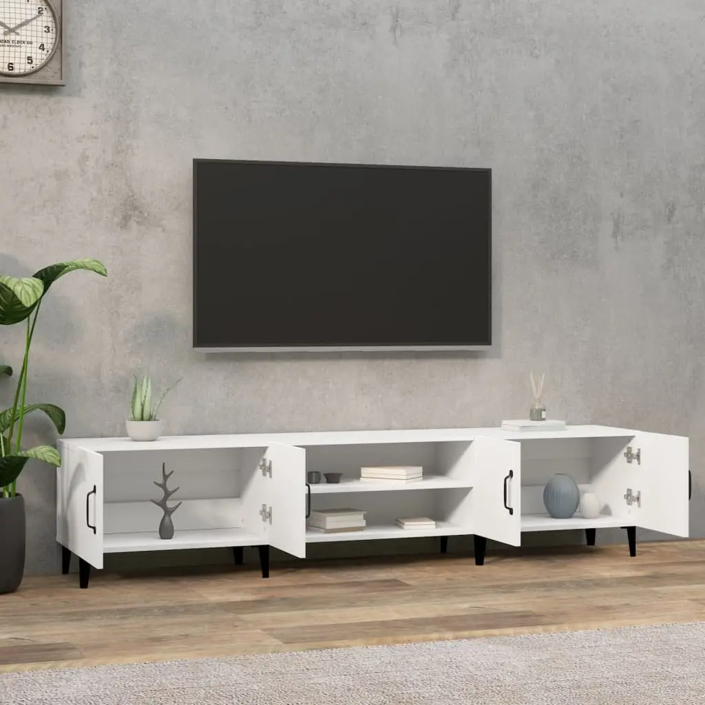 TV Cabinet White Engineered Wood 4 Door 4 Compartment Storage Unit