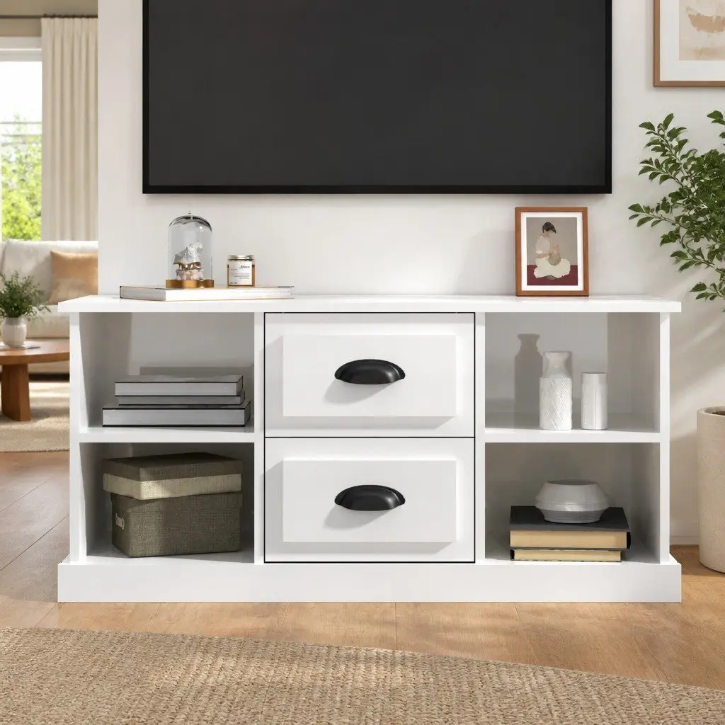 High Gloss White TV Cabinet with Drawers and Shelves