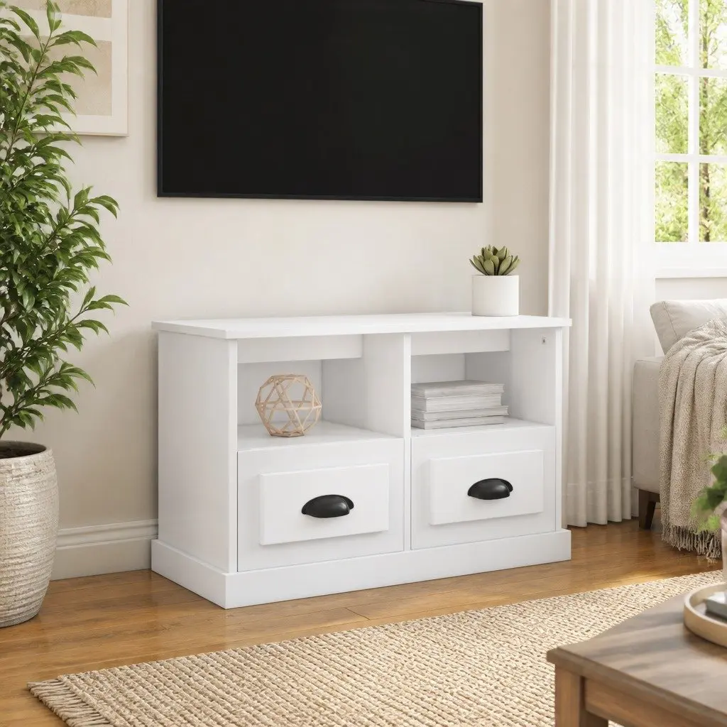 TV Cabinet High Gloss White 80x35x50cm Engineered Wood Storage Drawers