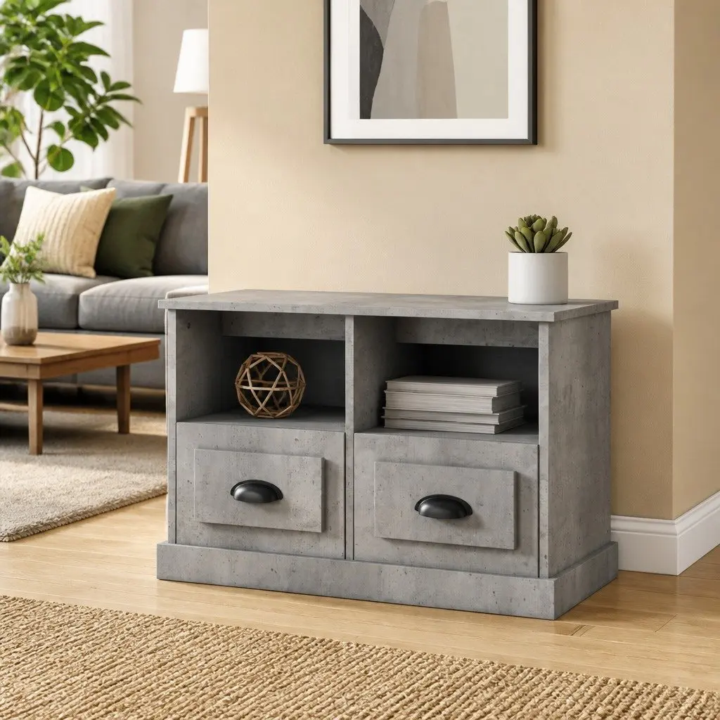 TV Cabinet Grey Engineered Wood 2 Drawers Open Compartments