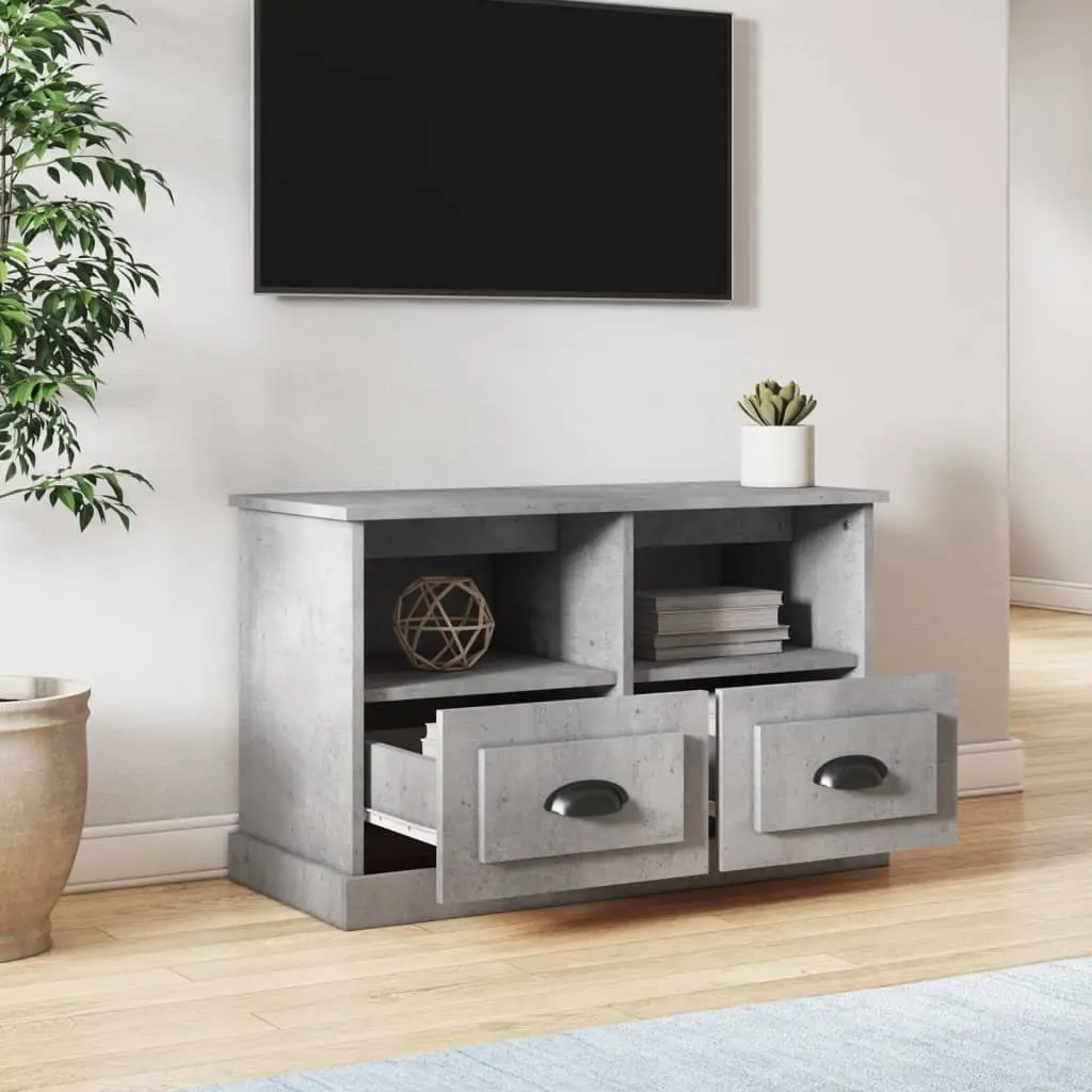 TV Cabinet Grey Engineered Wood 2 Drawers Open Compartments