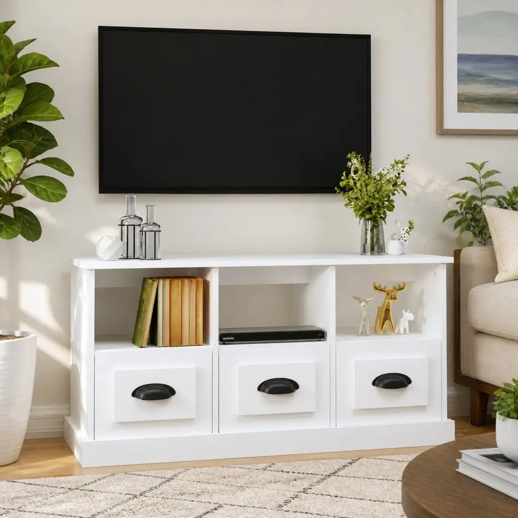 White TV Cabinet with Drawers and Open Compartments