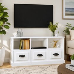 White TV Cabinet with Drawers and Open Compartments