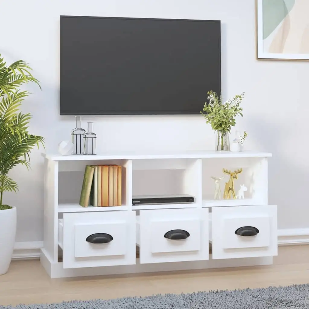 White TV Cabinet with Drawers and Open Compartments