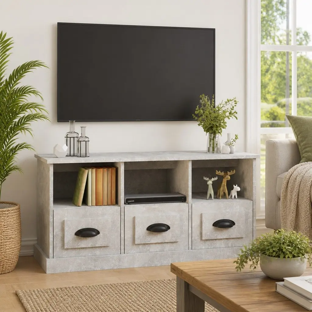 Grey Engineered Wood TV Cabinet with 3 Drawers