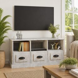 Grey Engineered Wood TV Cabinet with 3 Drawers
