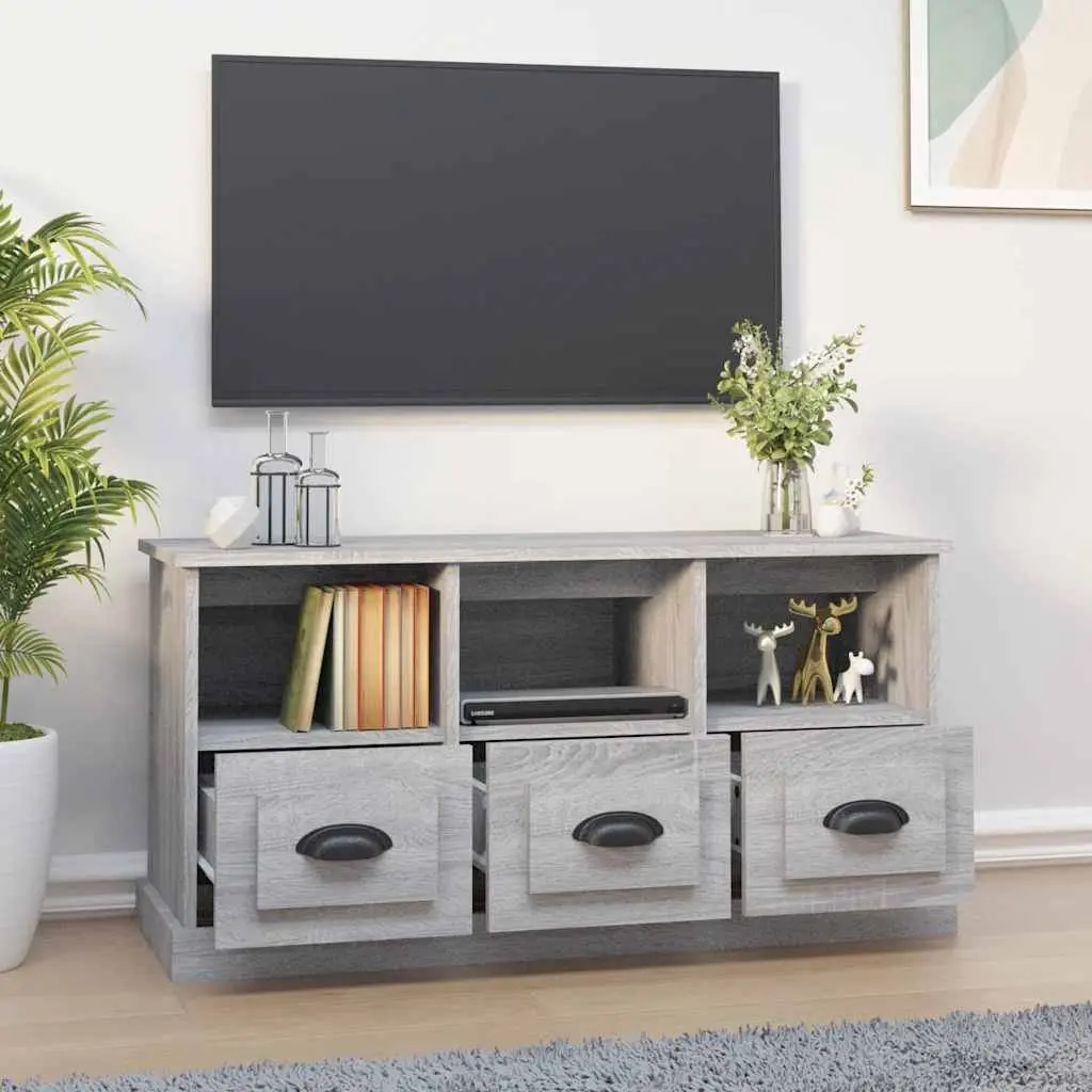 TV Cabinet Grey Sonoma Engineered Wood 100x35x50cm Storage Unit with Drawers Open Compartments