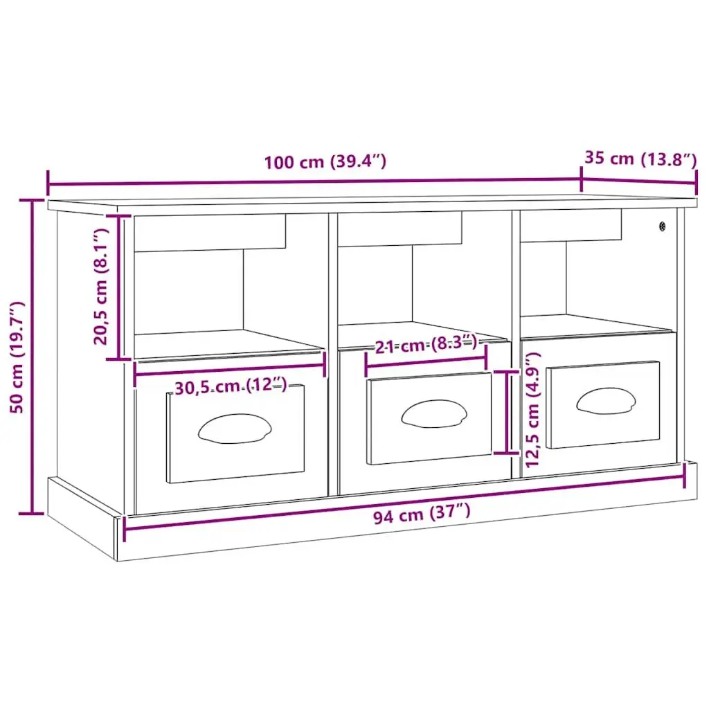 TV Cabinet Grey Sonoma Engineered Wood 100x35x50cm Storage Unit with Drawers Open Compartments