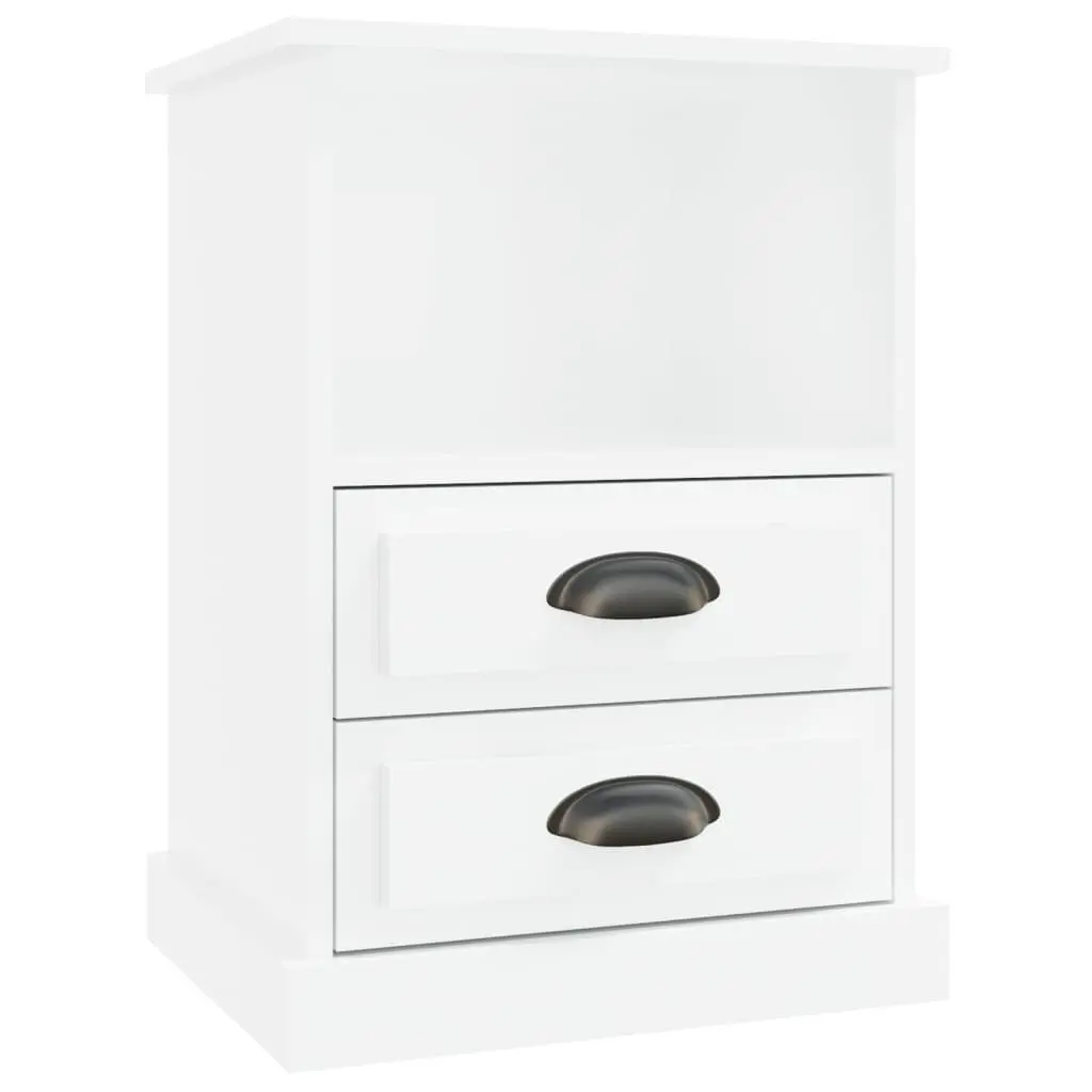 Bedside Cabinet White High Gloss 2 Drawers Open Shelf Engineered Wood Nightstand Storage