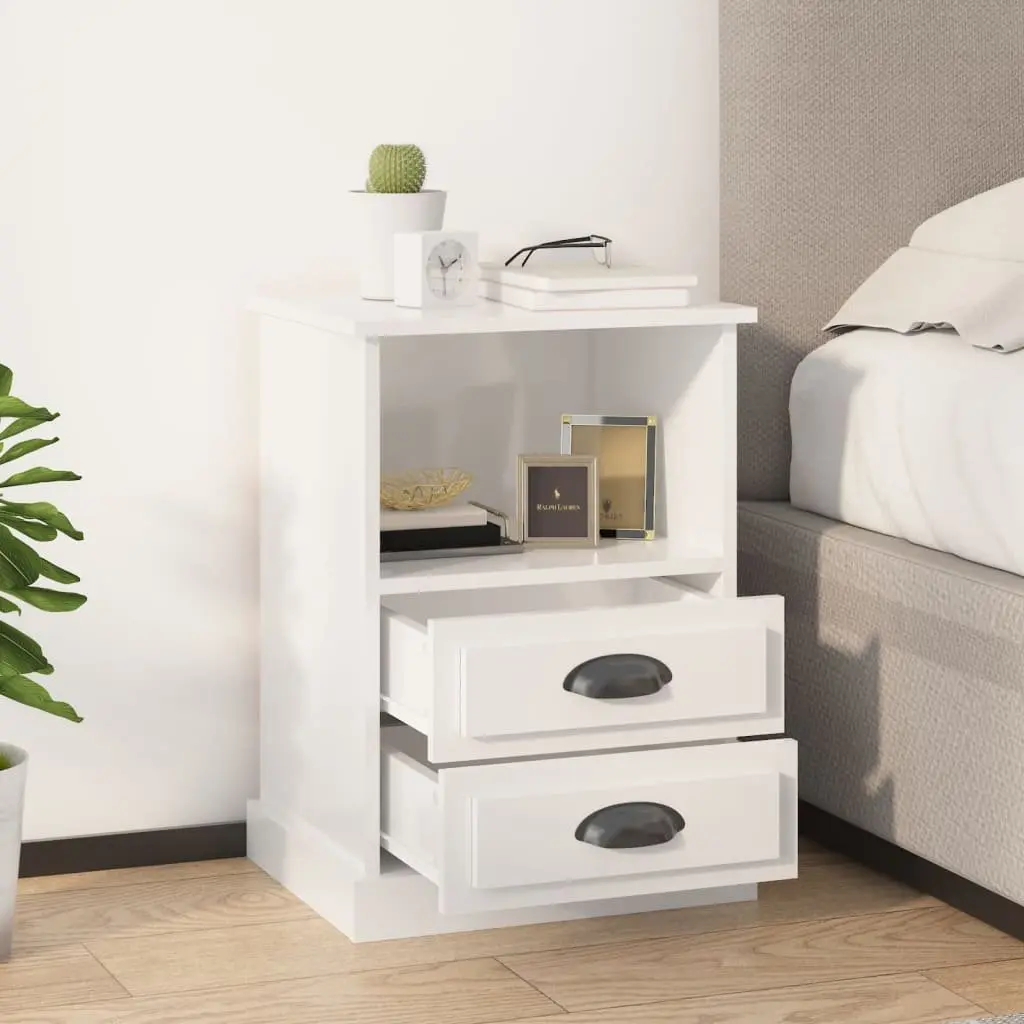 Bedside Cabinet White High Gloss 2 Drawers Open Shelf Engineered Wood Nightstand Storage