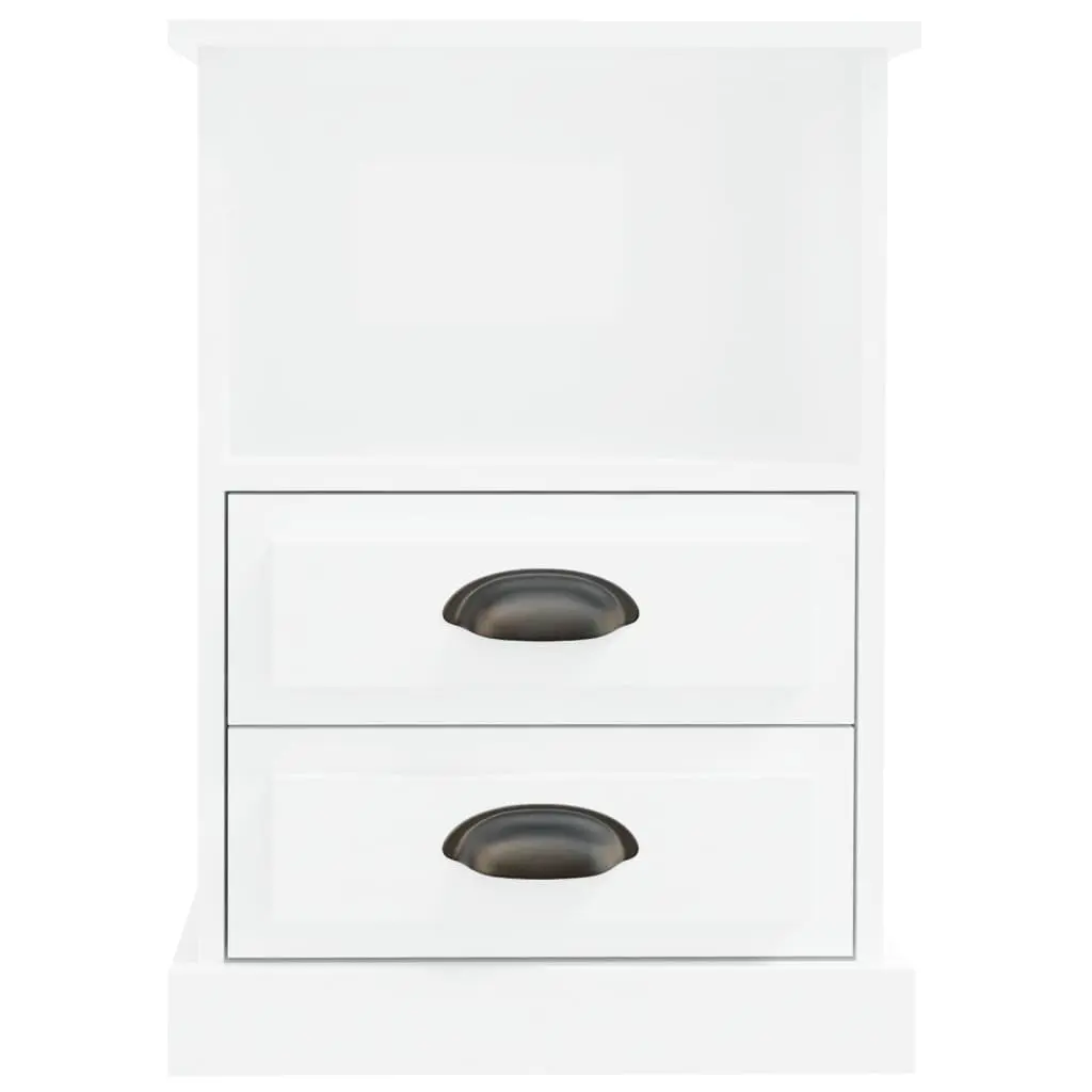 Bedside Cabinet White High Gloss 2 Drawers Open Shelf Engineered Wood Nightstand Storage