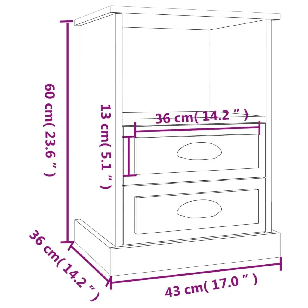 Bedside Cabinet White High Gloss 2 Drawers Open Shelf Engineered Wood Nightstand Storage