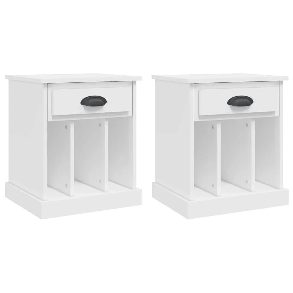 Bedside Cabinet White Engineered Wood 2 Piece Nightstand Drawer Storage Compartments