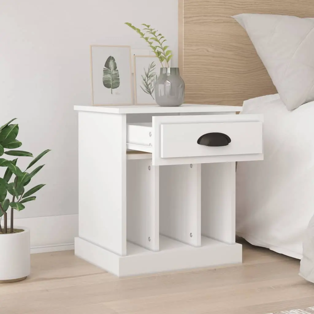Bedside Cabinet White Engineered Wood 2 Piece Nightstand Drawer Storage Compartments