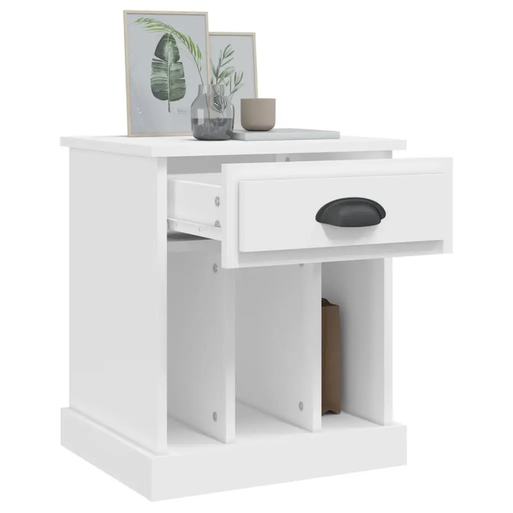 Bedside Cabinet White Engineered Wood 2 Piece Nightstand Drawer Storage Compartments