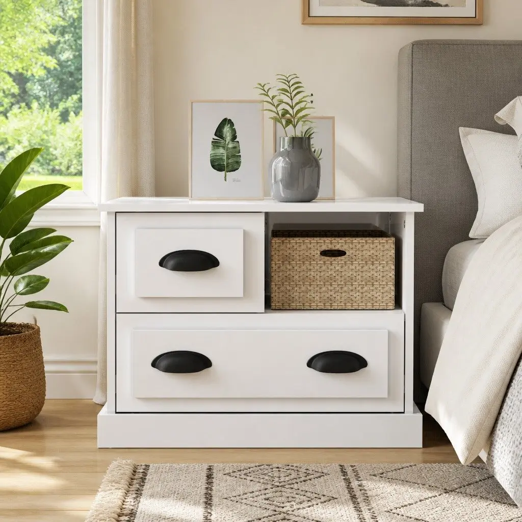 Bedside Cabinet White High Gloss Modern Bedroom Side Table Engineered Wood 60 x 39 x 45 cm