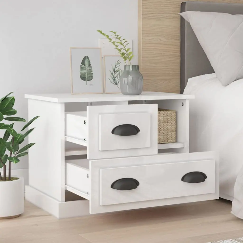 Bedside Cabinet White High Gloss Modern Bedroom Side Table Engineered Wood 60 x 39 x 45 cm