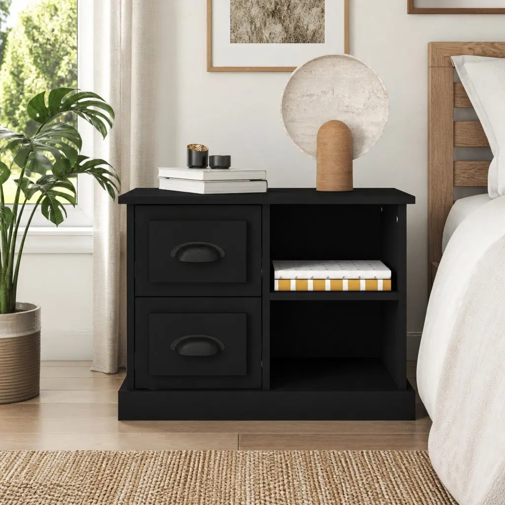 Nightstand Black Engineered Wood Bedside Table with Two Storage Drawers