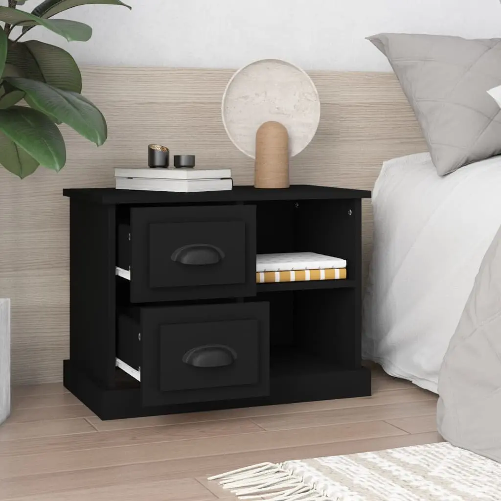 Nightstand Black Engineered Wood Bedside Table with Two Storage Drawers