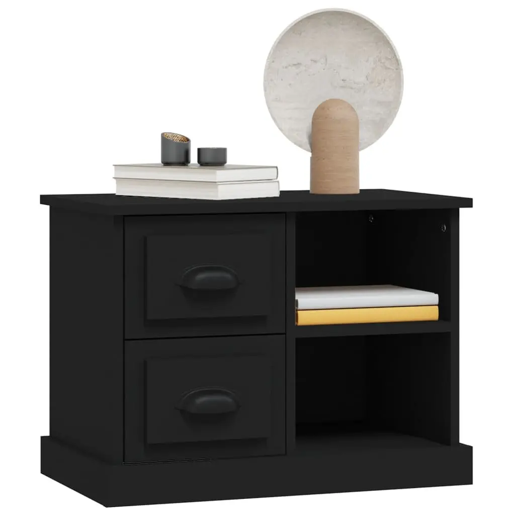 Nightstand Black Engineered Wood Bedside Table with Two Storage Drawers
