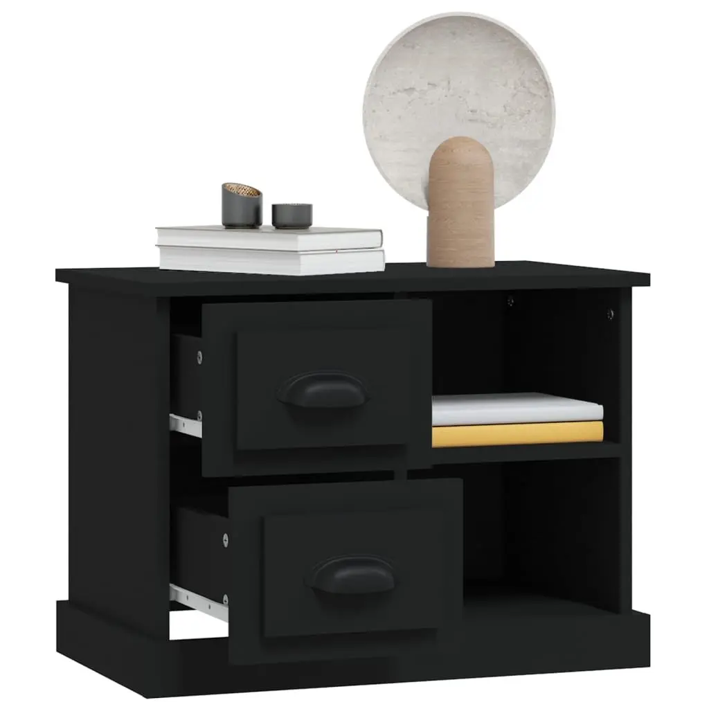 Nightstand Black Engineered Wood Bedside Table with Two Storage Drawers