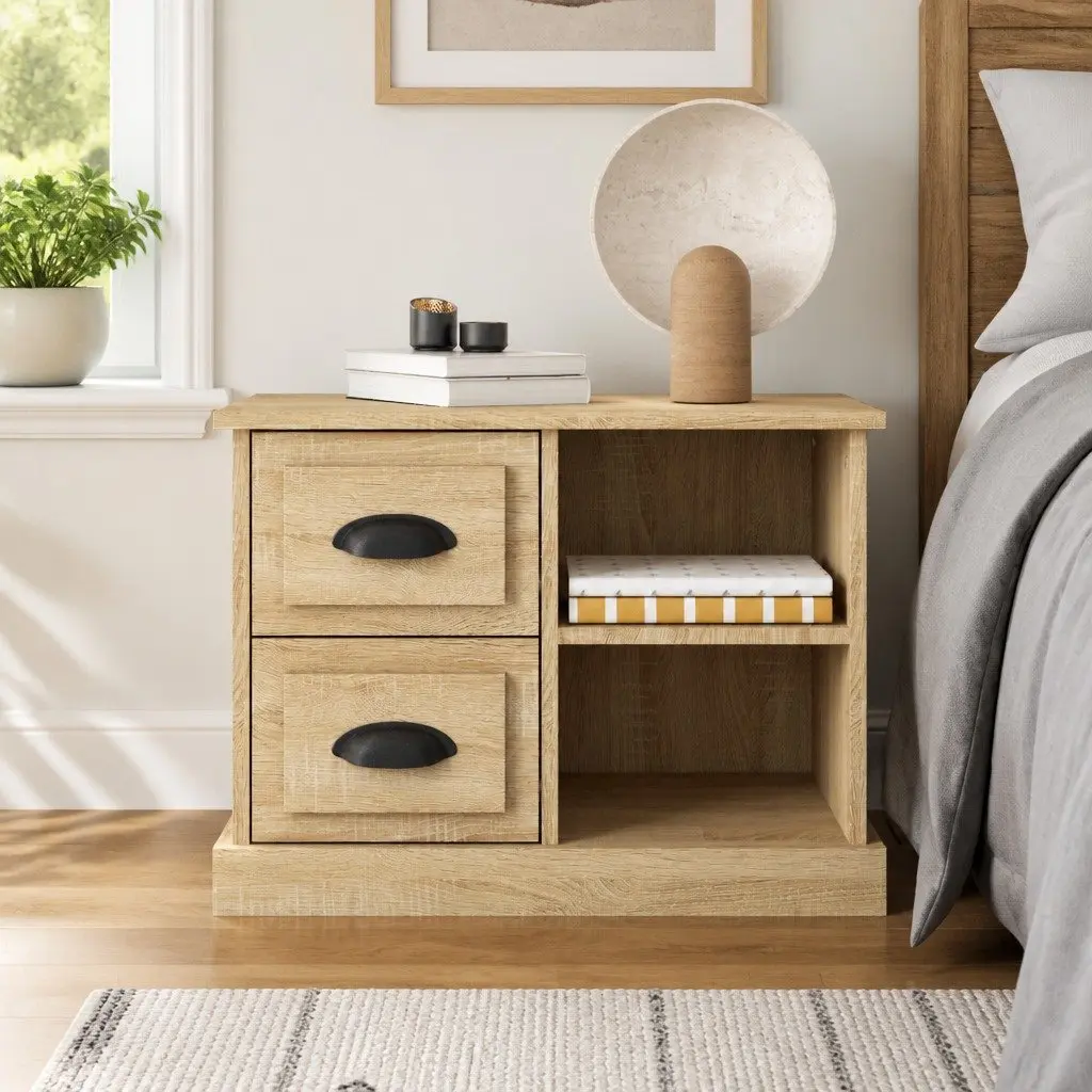 Bedside Cabinet Brown 60 x 35.5 x 45 cm Engineered Wood with 2 Drawers and 2 Compartments