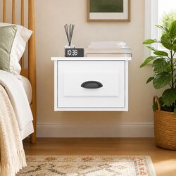 Floating Nightstand with Drawer White Wall-Mounted Cabinet