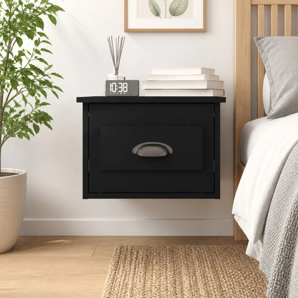 Wall-mounted Bedside Cabinet Black Floating Nightstand Engineered Wood 41.5 x 36 x 28 cm