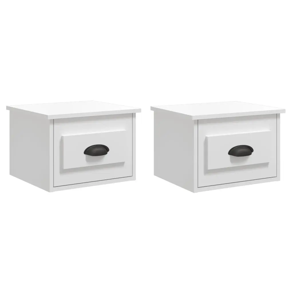 Wall-mounted Bedside Cabinets White Floating Storage Drawer Organiser 2 Piece Engineered Wood