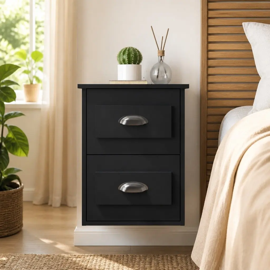 Wall-mounted Bedside Cabinet Black 41.5x36x53cm Engineered Wood Floating Storage Unit Drawers